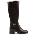 Women's dark brown knee-high boots with buckle strap and block heel