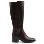 Women's dark brown knee-high boots with buckle strap and block heel