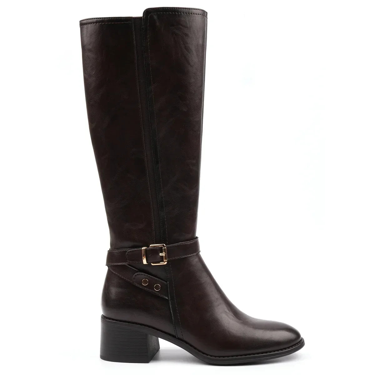 Women's dark brown knee-high boots with buckle strap and block heel