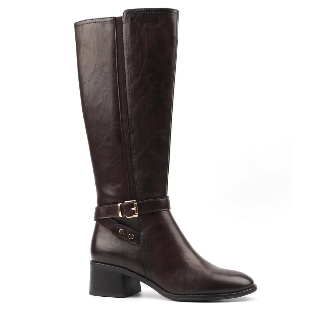 Women's dark brown knee-high boots with buckle strap and block heel