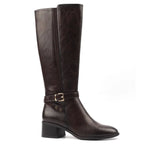Women's dark brown knee-high boots with buckle strap and block heel