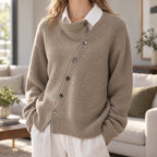Women's asymmetric button front knitted cardigan with long sleeves and ribbed trims