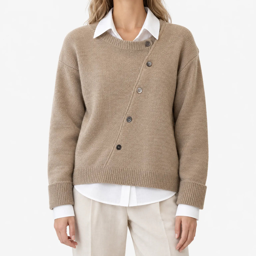 Women's asymmetric button front knitted cardigan with long sleeves and ribbed trims