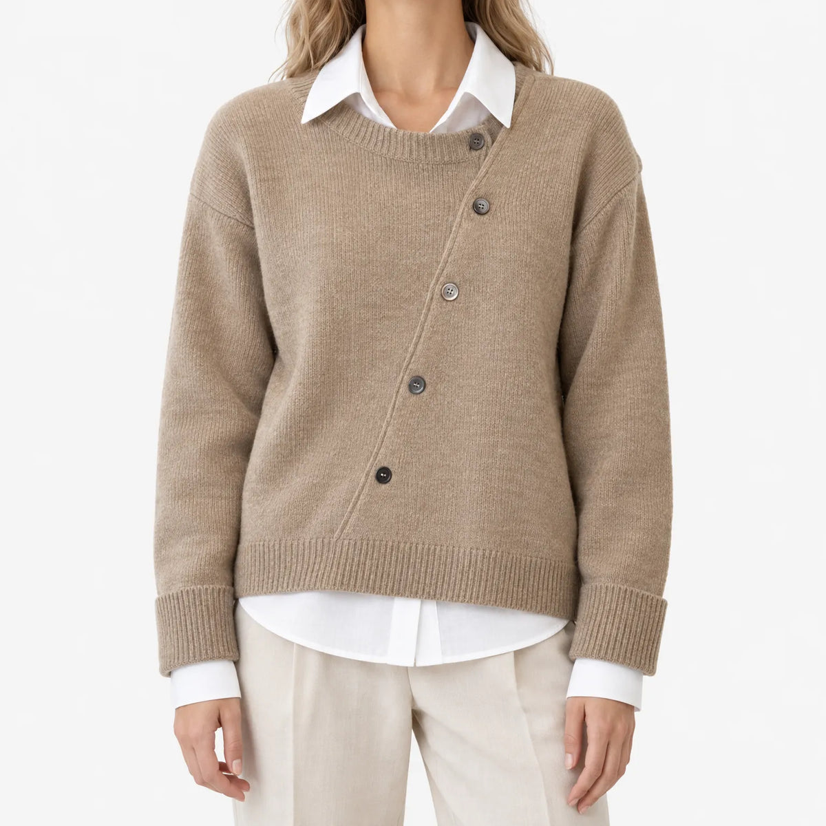 Women's asymmetric button front knitted cardigan with long sleeves and ribbed trims