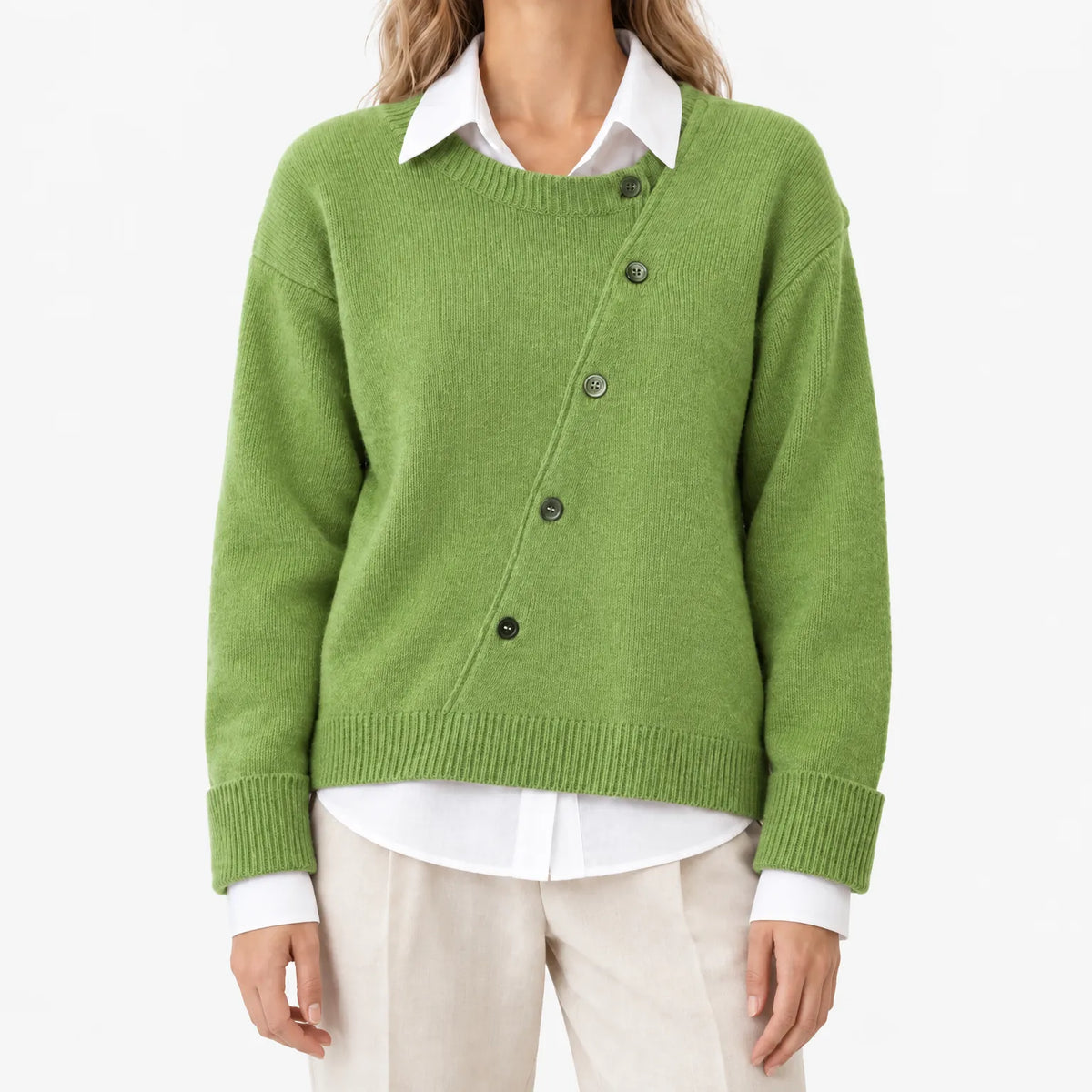Women's asymmetric button front knitted cardigan with long sleeves and ribbed trims