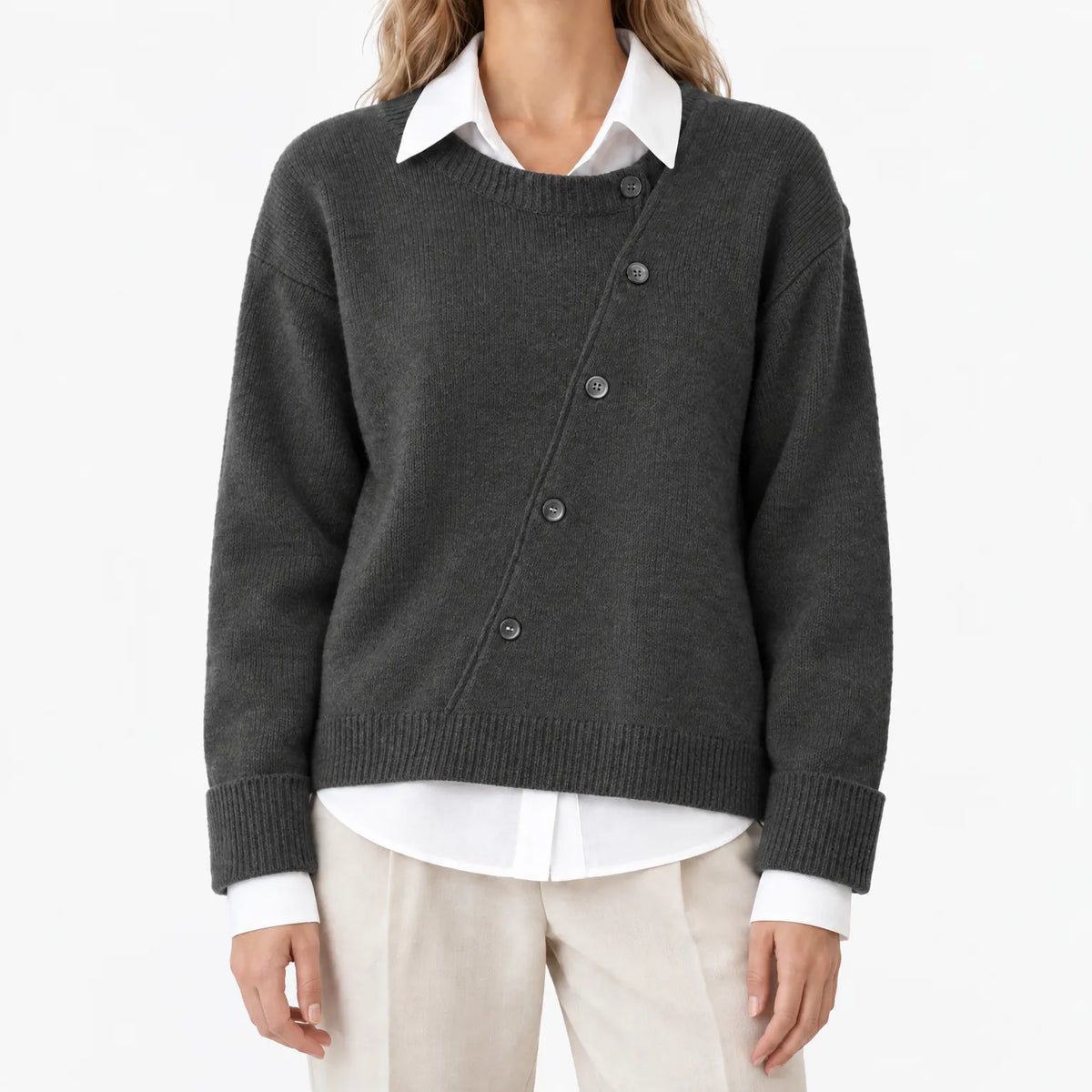 Women's asymmetric button front knitted cardigan with long sleeves and ribbed trims