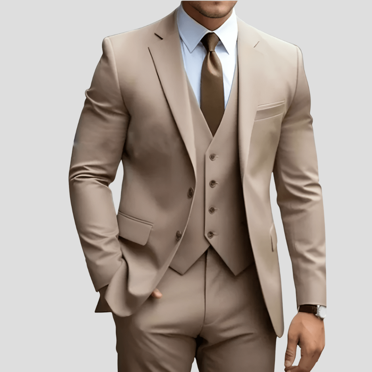 Men's three-piece suit with notched lapels, waistcoat and matching trousers