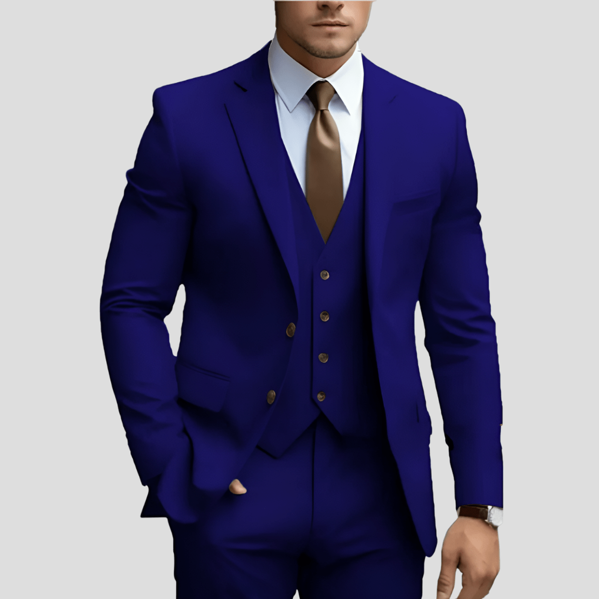 Men's three-piece suit with notched lapels, waistcoat and matching trousers