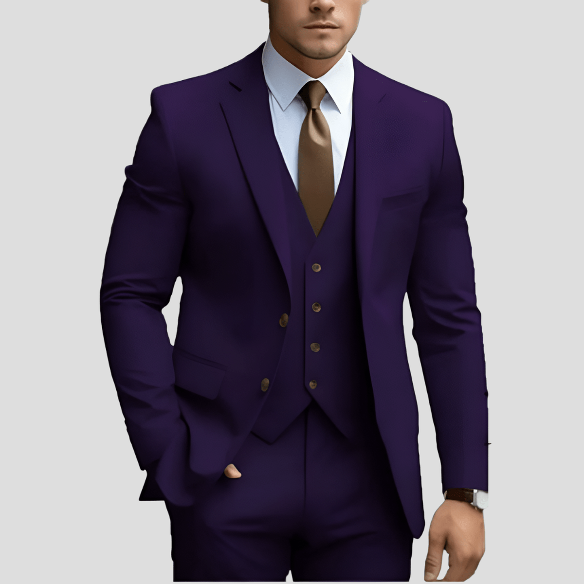 Men's three-piece suit with notched lapels, waistcoat and matching trousers