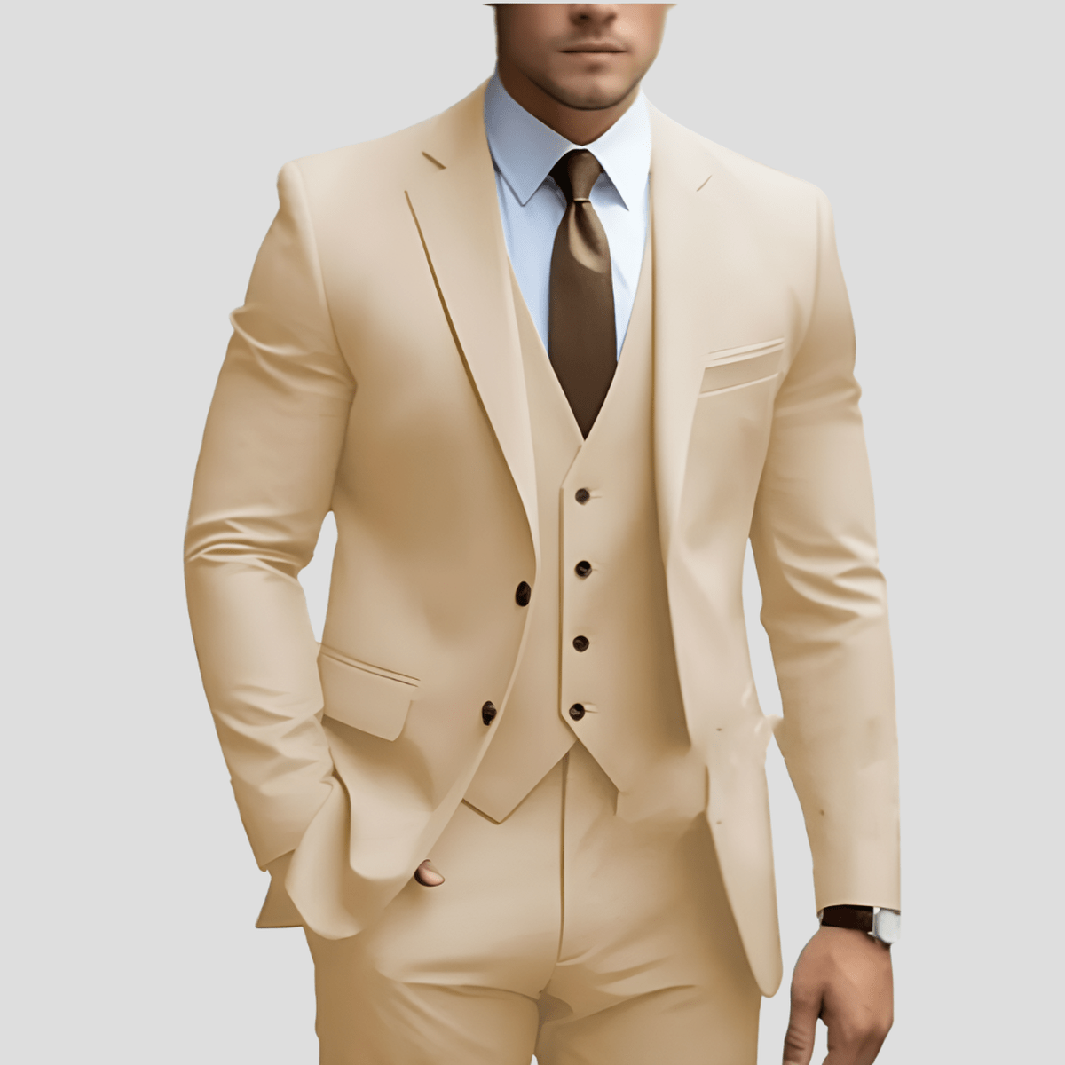 Men's three-piece suit with notched lapels, waistcoat and matching trousers