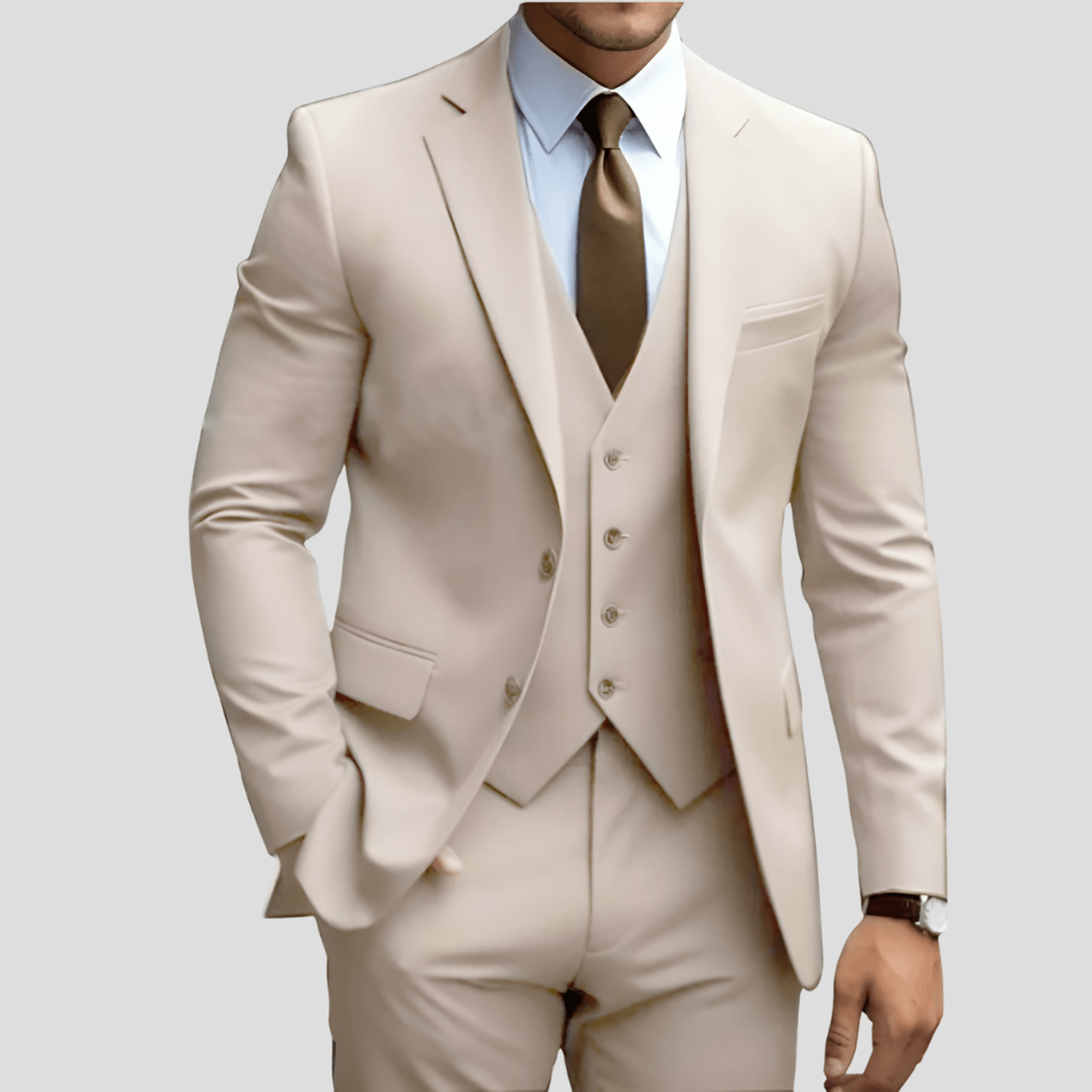 Men's three-piece suit with notched lapels, waistcoat and matching trousers
