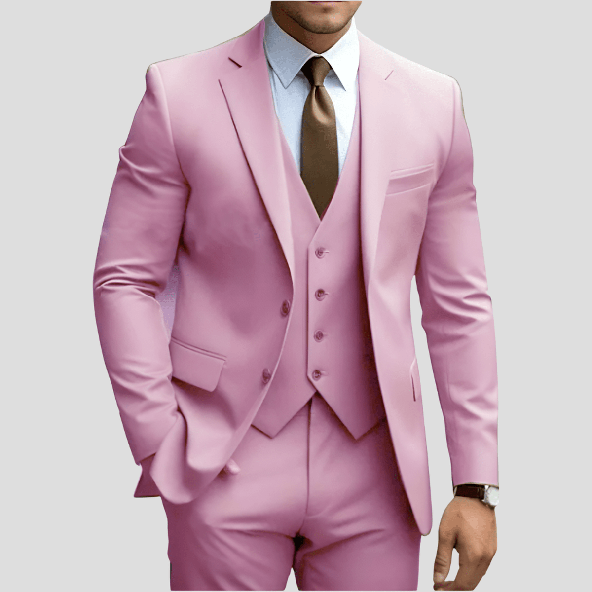 Men's three-piece suit with notched lapels, waistcoat and matching trousers