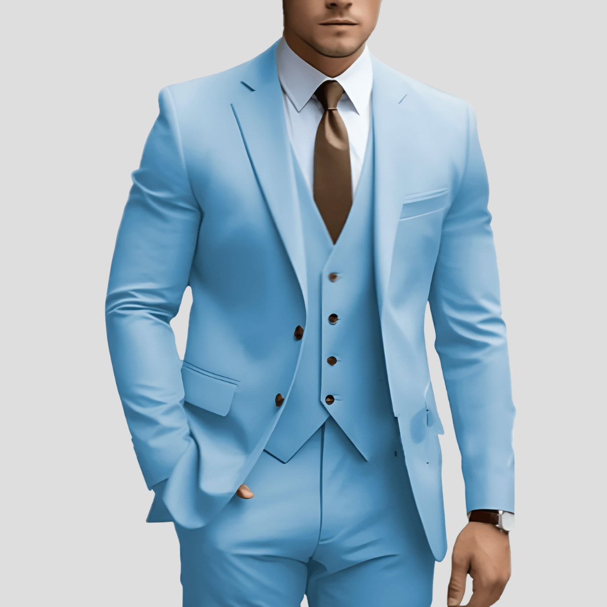 Men's three-piece suit with notched lapels, waistcoat and matching trousers
