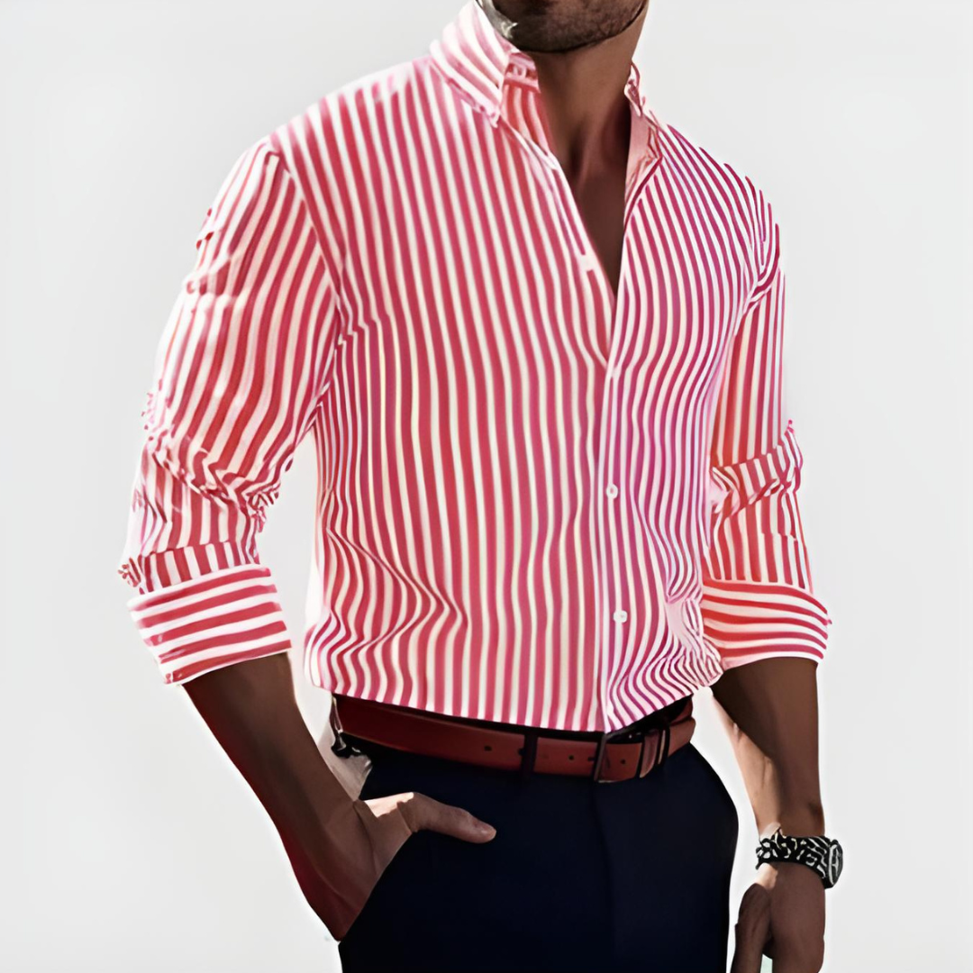 Men's striped shirt with Mandarin collar, button front and rolled sleeves