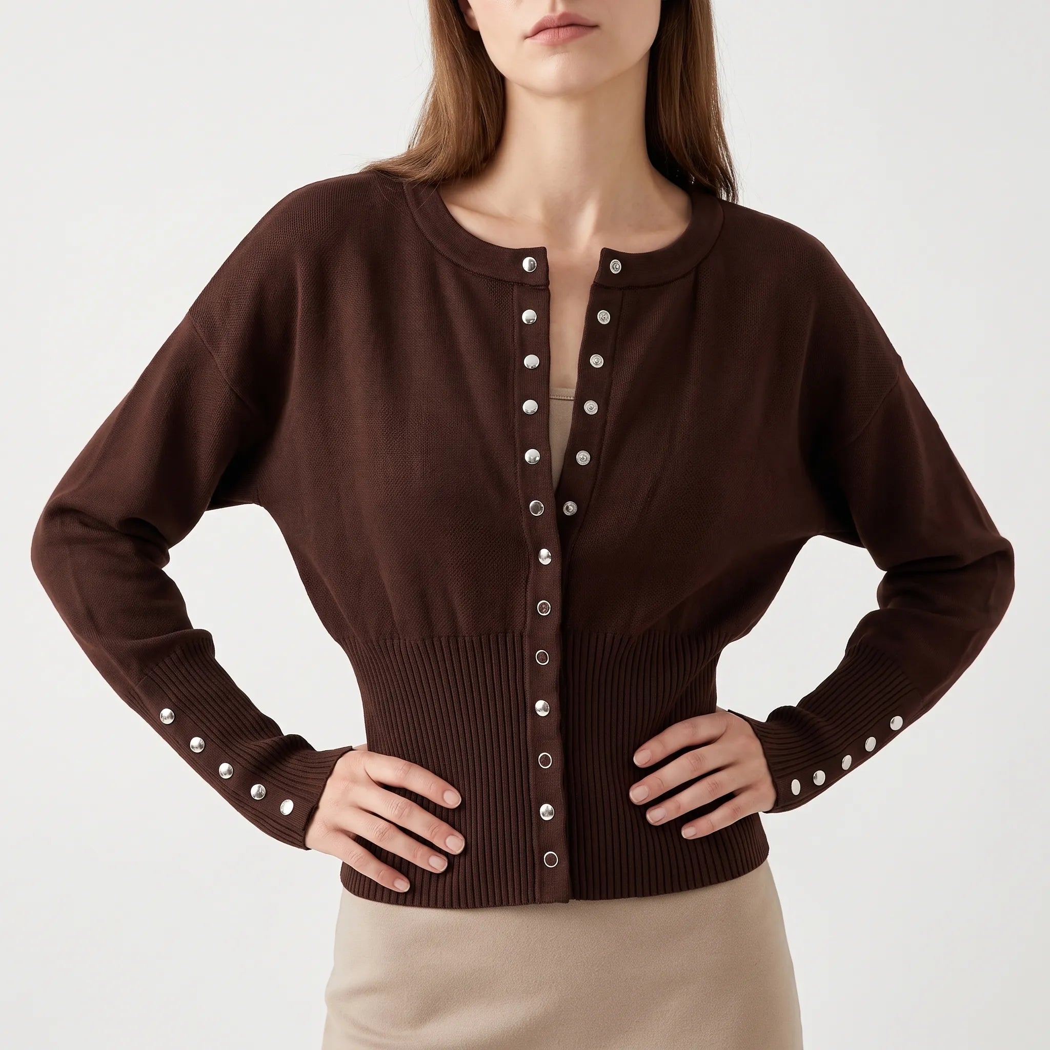 Snapcuff  - Cropped Ribbed Waist Womens Cardigan Waist Definition