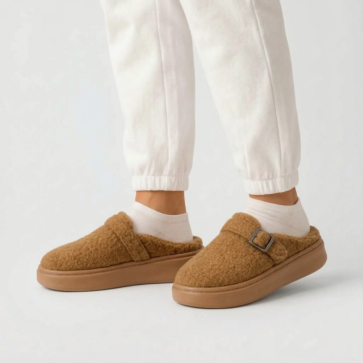 Women's fleece-lined mule slippers with buckle strap and thick flat sole