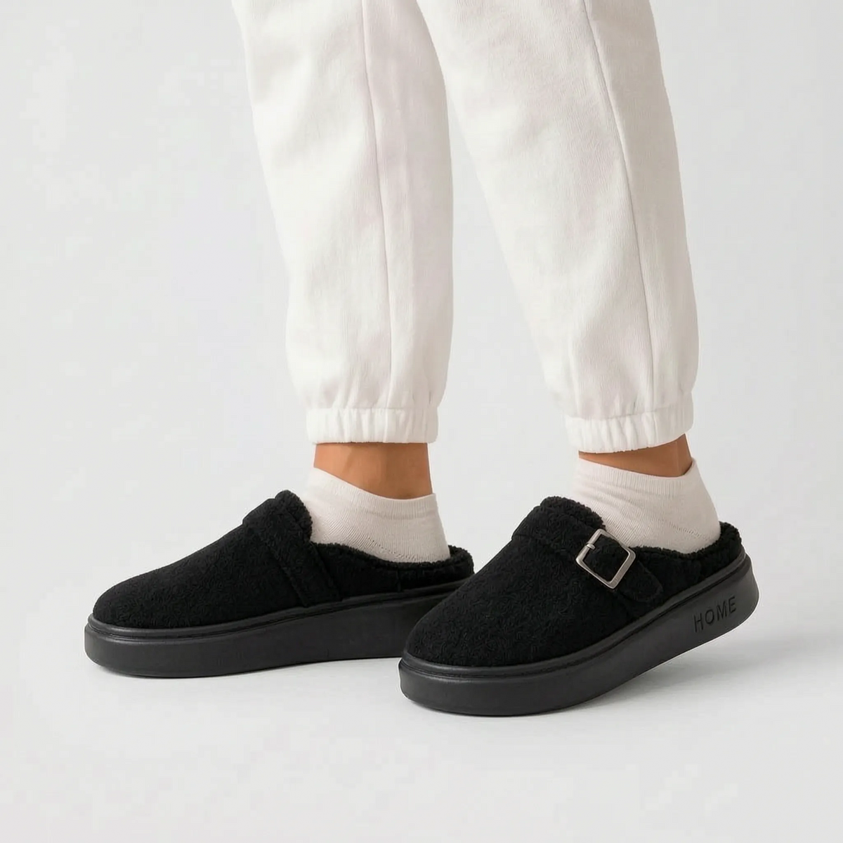 Women's fleece-lined mule slippers with buckle strap and thick flat sole