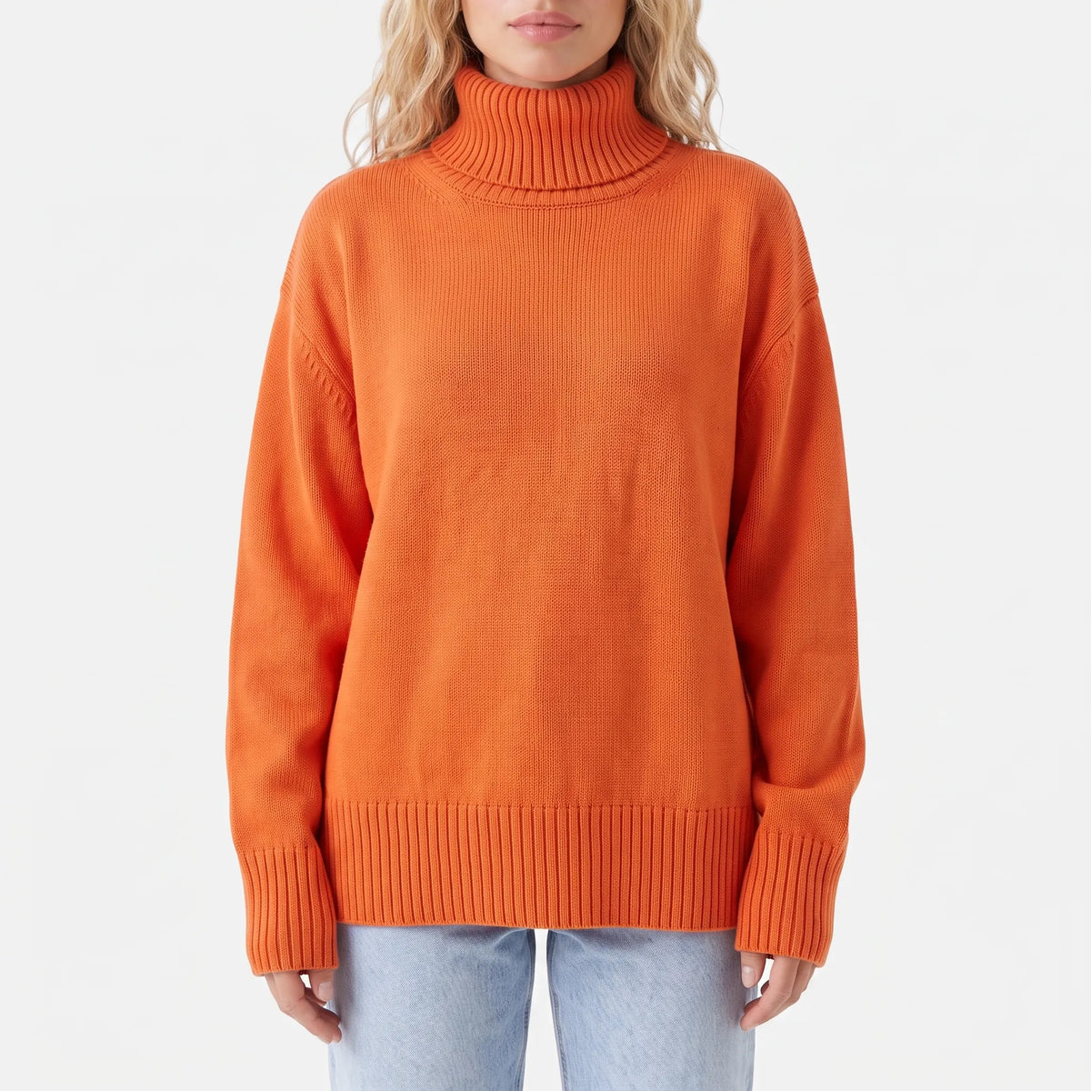 Women's oversized roll neck jumper with long sleeves and ribbed trims