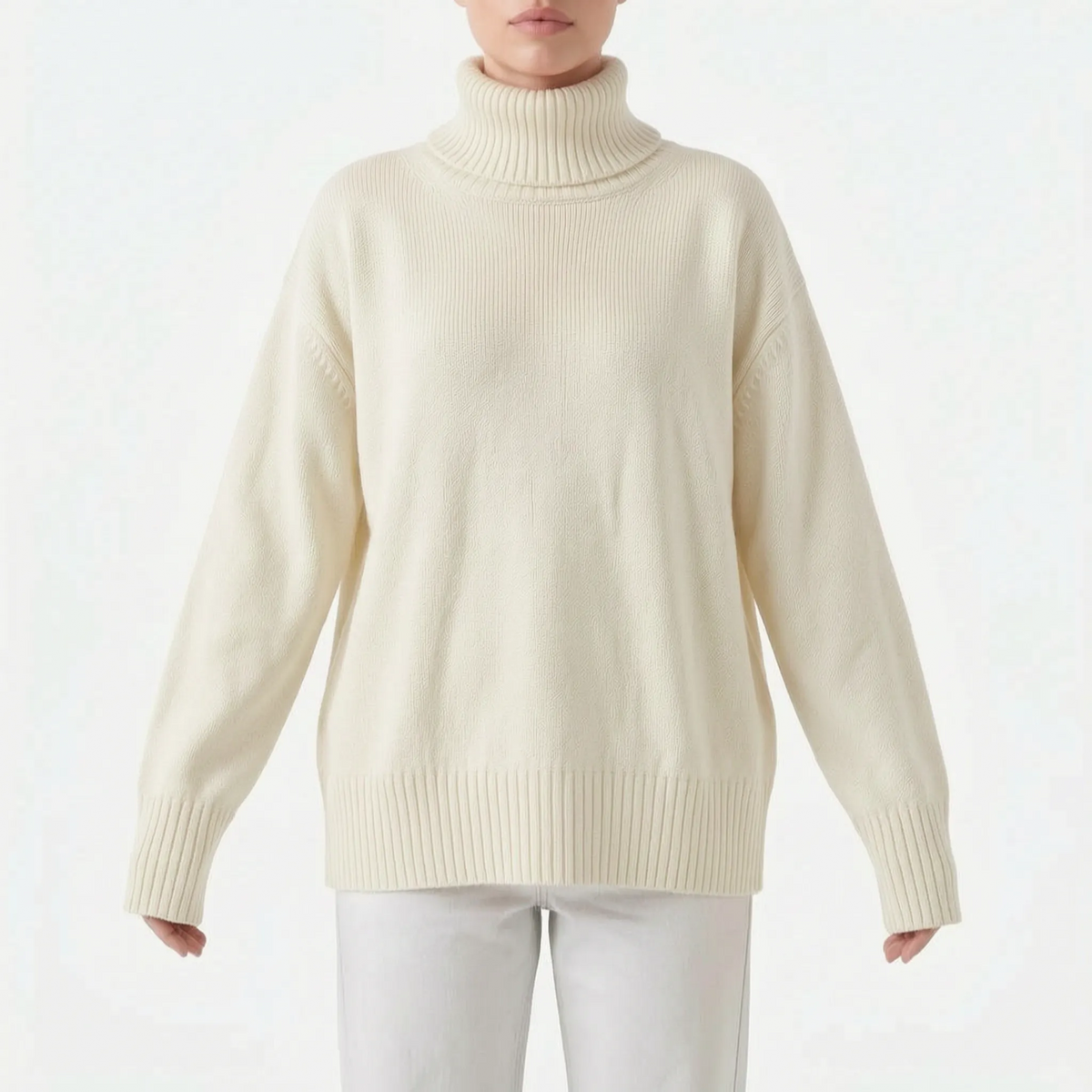 Women's oversized roll neck jumper with long sleeves and ribbed trims