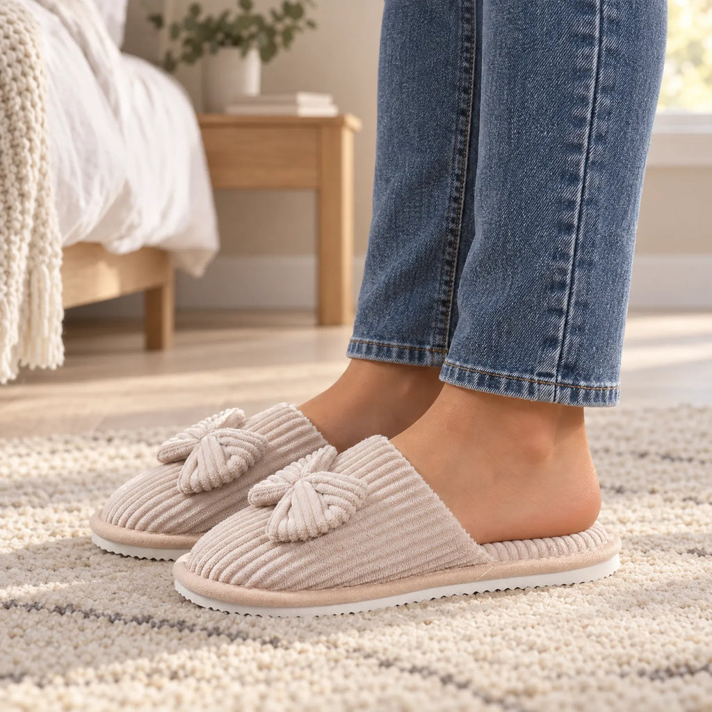 Snugglebow  - Ribbed Bow Slippers Wearing Around The House