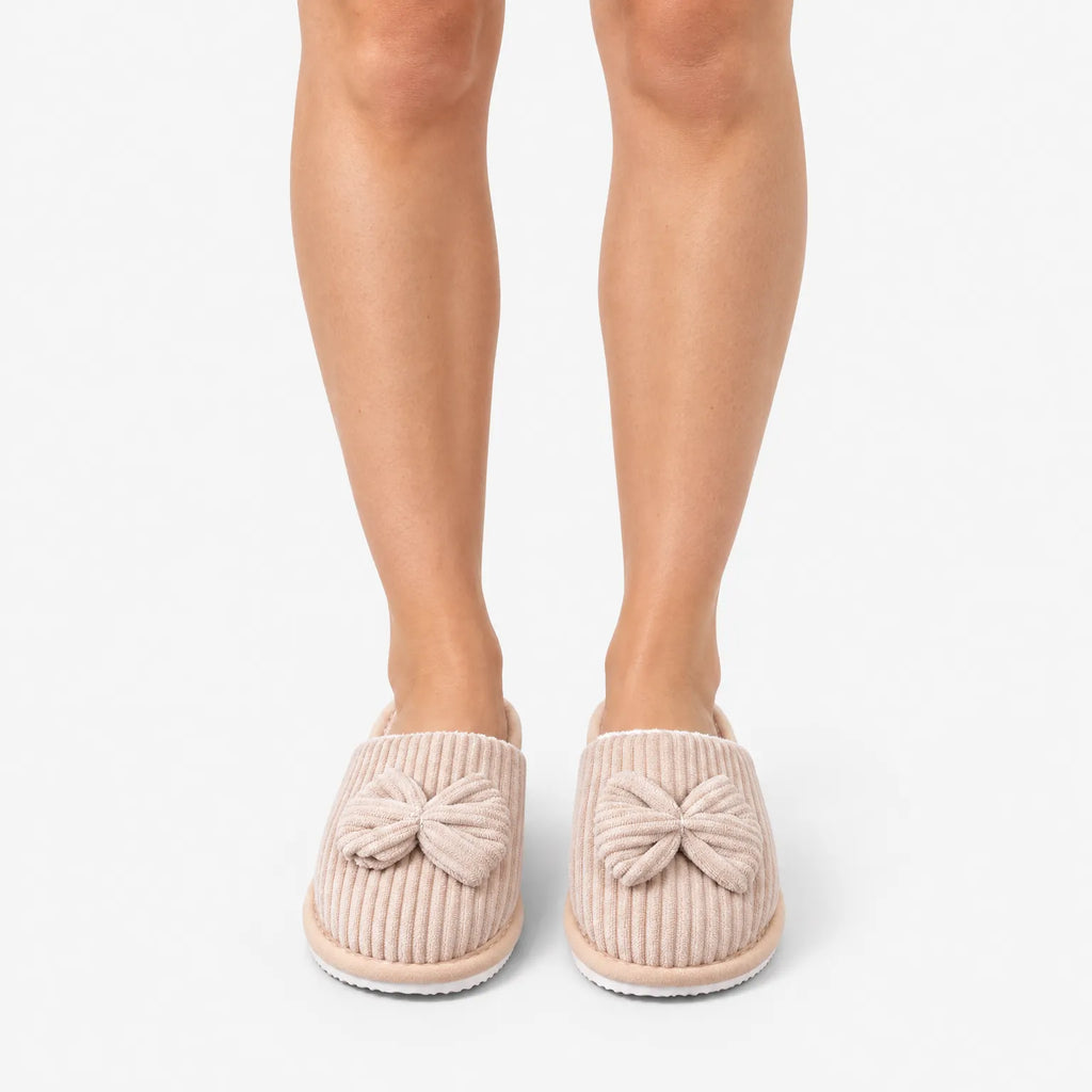 Snugglebow  - Ribbed Bow Slippers Wearing Around The House