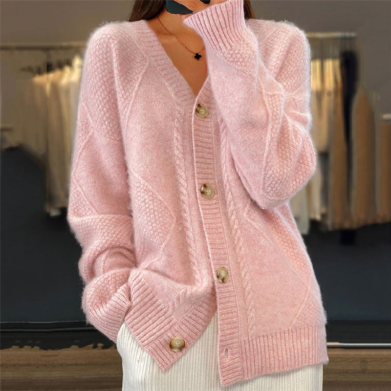 Women's textured knit cardigan with V-neck, buttons and long sleeves