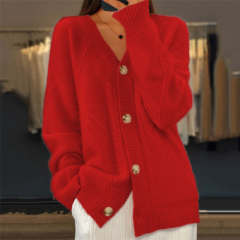 Women's textured knit cardigan with V-neck, buttons and long sleeves
