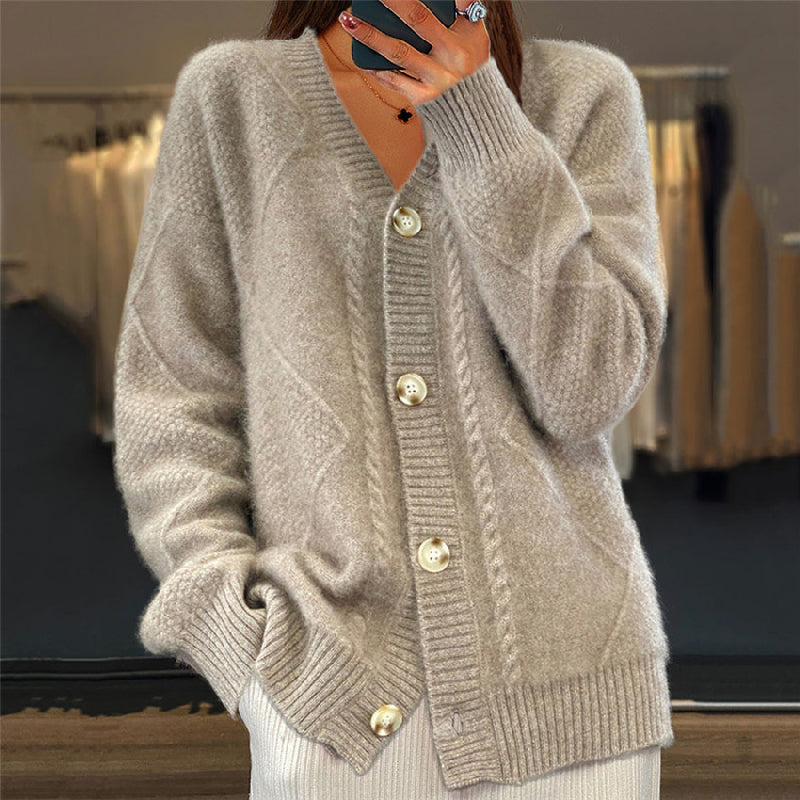 Women's textured knit cardigan with V-neck, buttons and long sleeves