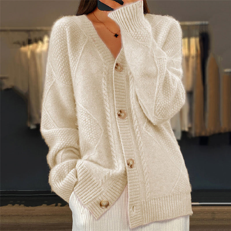 Women's textured knit cardigan with V-neck, buttons and long sleeves