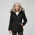 Women's quilted hooded jacket with fur-trimmed hood and zipped pockets