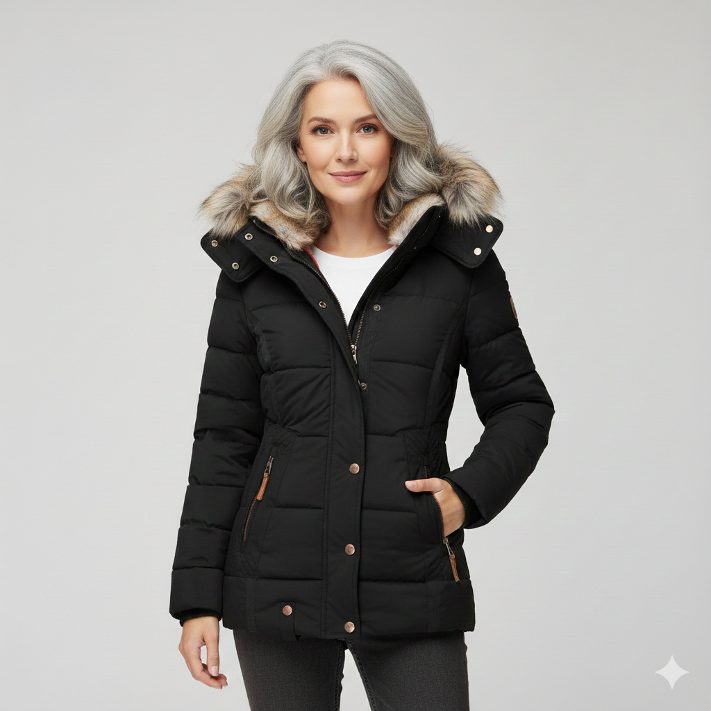 Women's quilted hooded jacket with fur-trimmed hood and zipped pockets