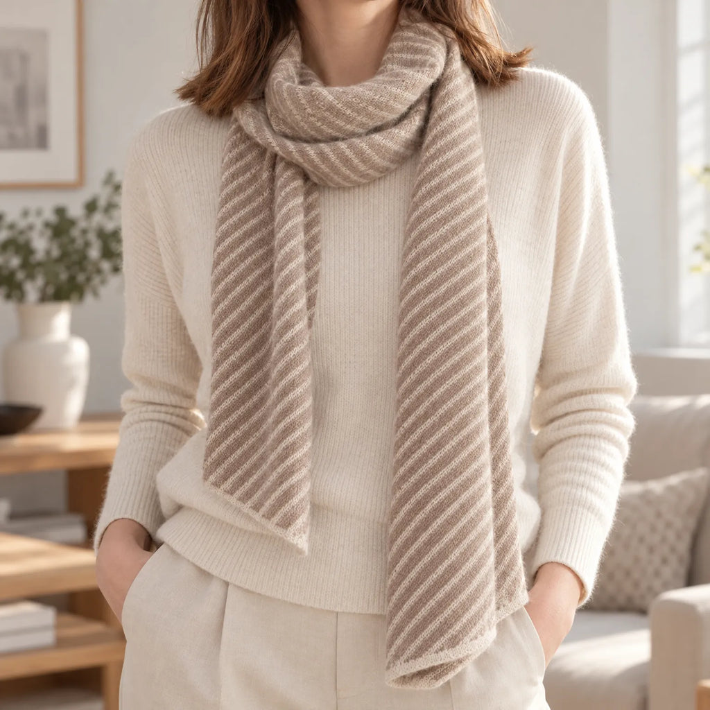 Unisex striped knitted scarf with ribbed edges