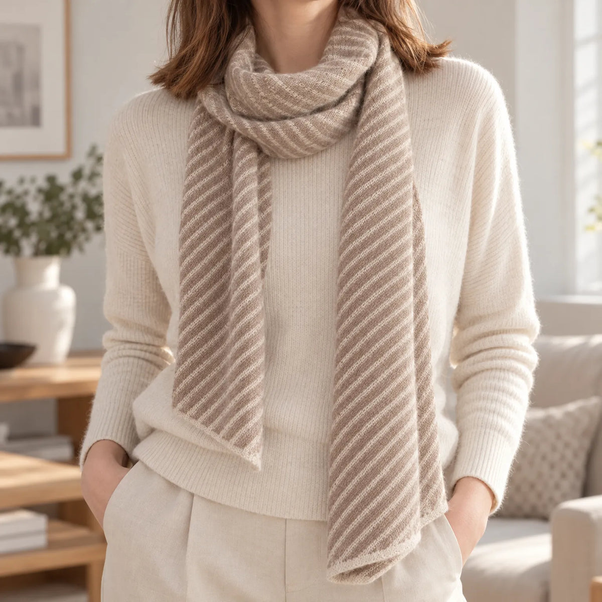 Unisex striped knitted scarf with ribbed edges