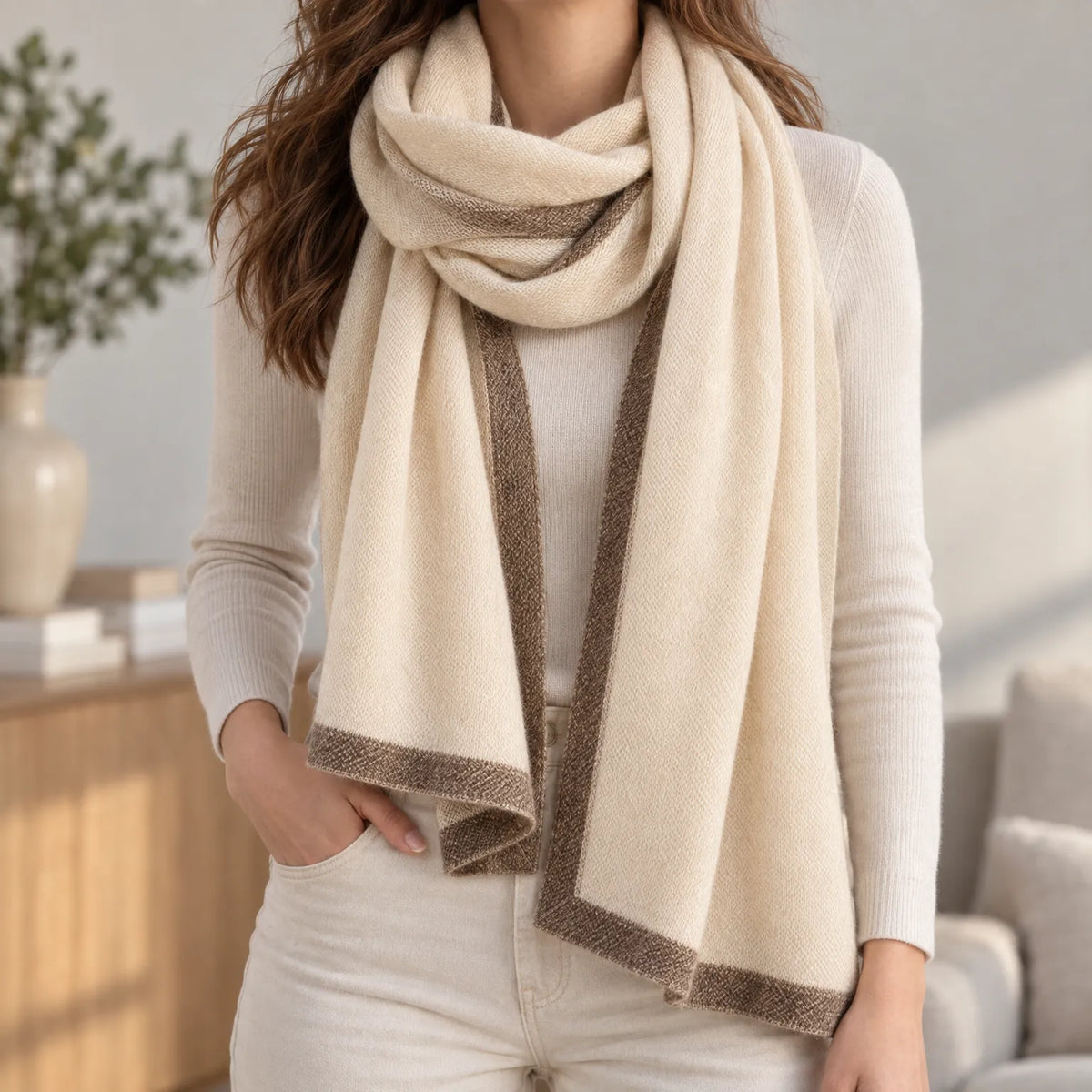 Women's cream knitted shawl scarf with contrasting border draped around the neck