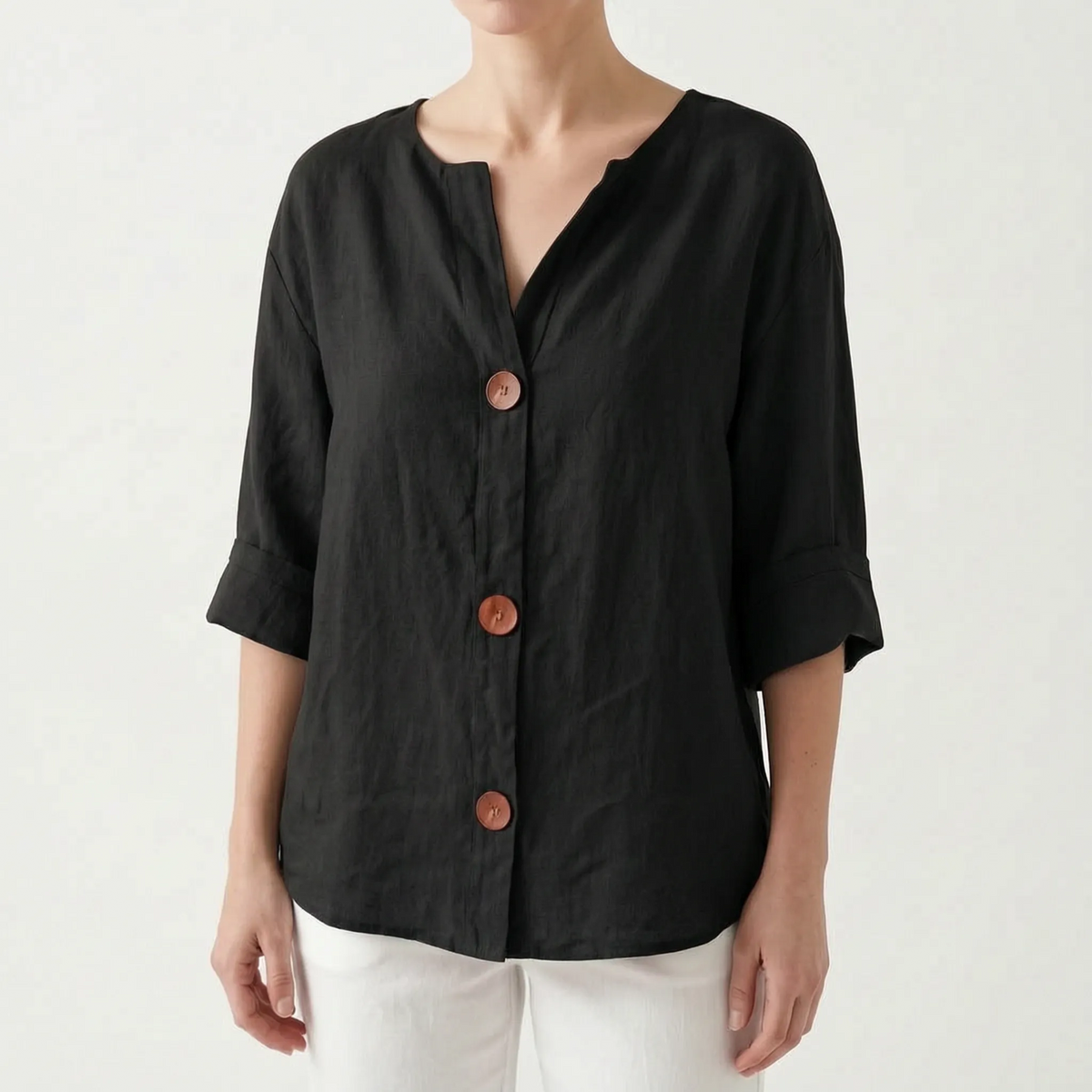 Women's orange V-neck button-down blouse with rolled three-quarter sleeves