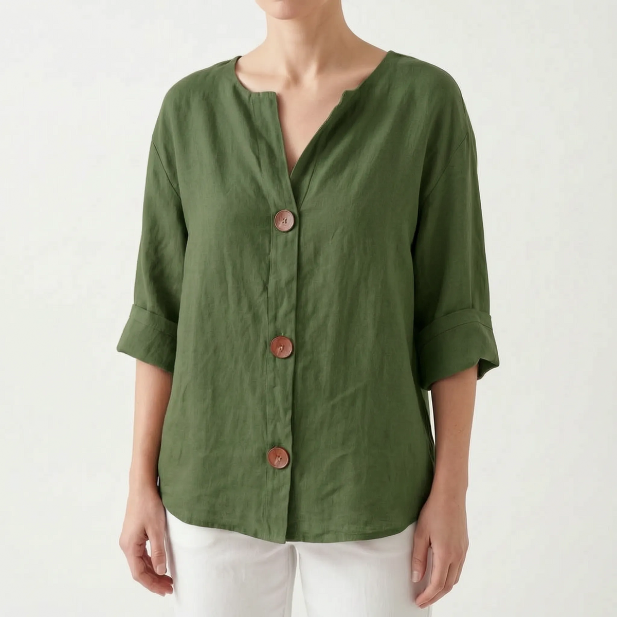 Women's orange V-neck button-down blouse with rolled three-quarter sleeves