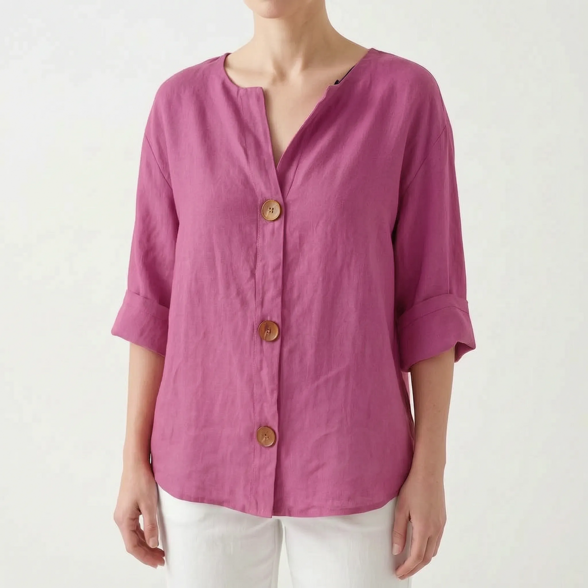 Women's orange V-neck button-down blouse with rolled three-quarter sleeves