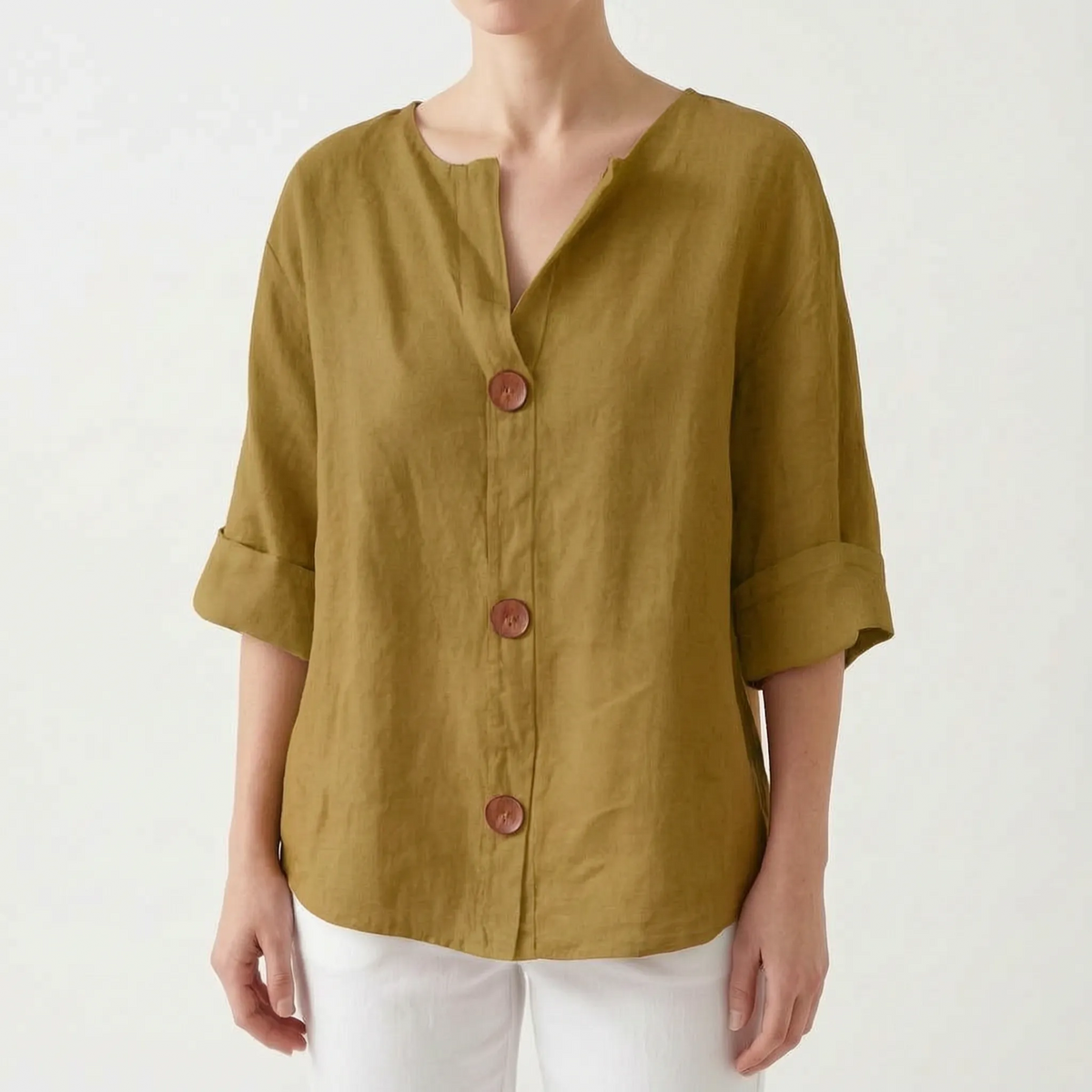 Women's orange V-neck button-down blouse with rolled three-quarter sleeves