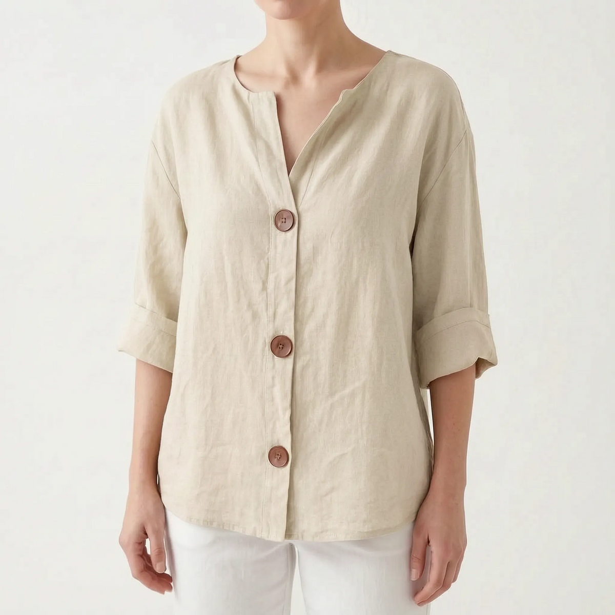 Women's orange V-neck button-down blouse with rolled three-quarter sleeves