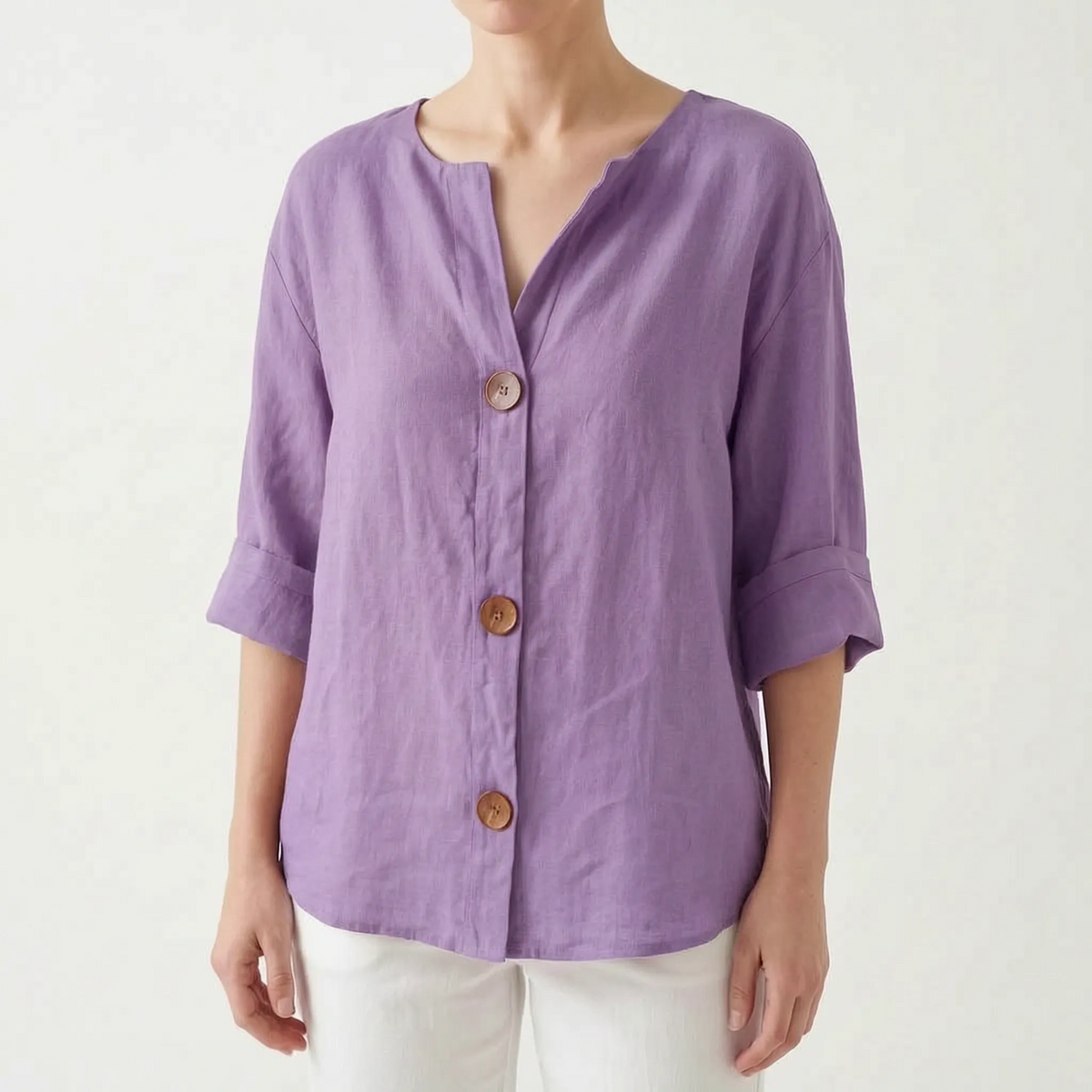 Women's orange V-neck button-down blouse with rolled three-quarter sleeves