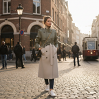 Women's two-tone belted trench coat with high stand collar and long sleeves