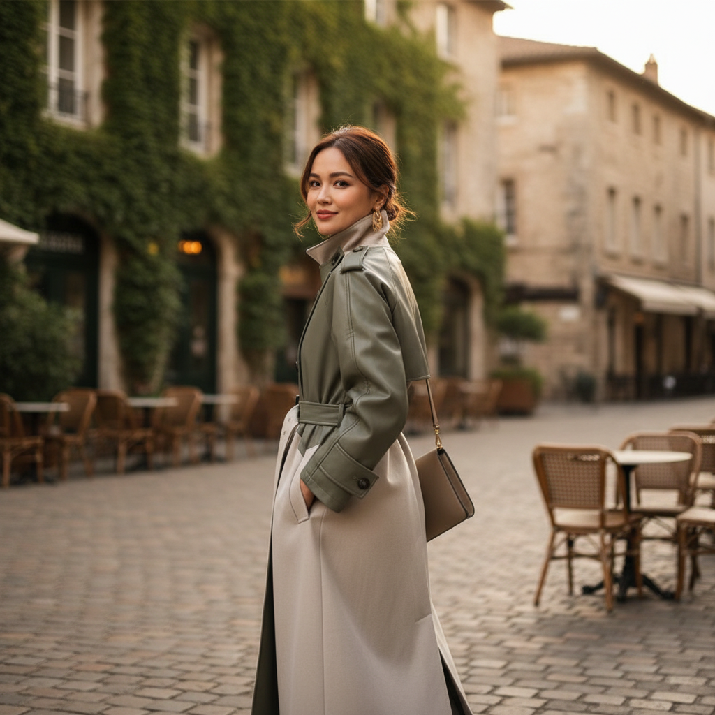 Women's two-tone belted trench coat with high stand collar and long sleeves