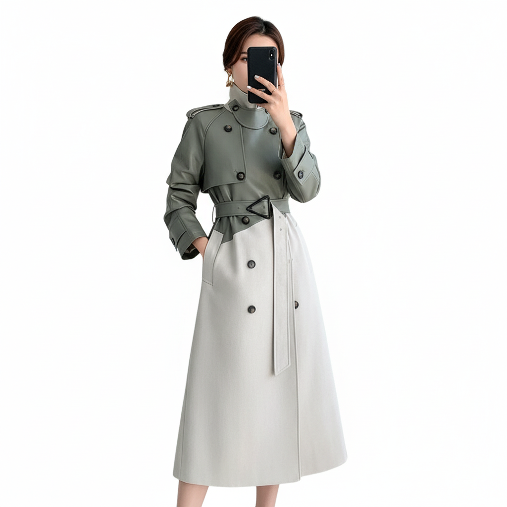 Women's two-tone belted trench coat with high stand collar and long sleeves