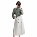 Women's two-tone belted trench coat with high stand collar and long sleeves