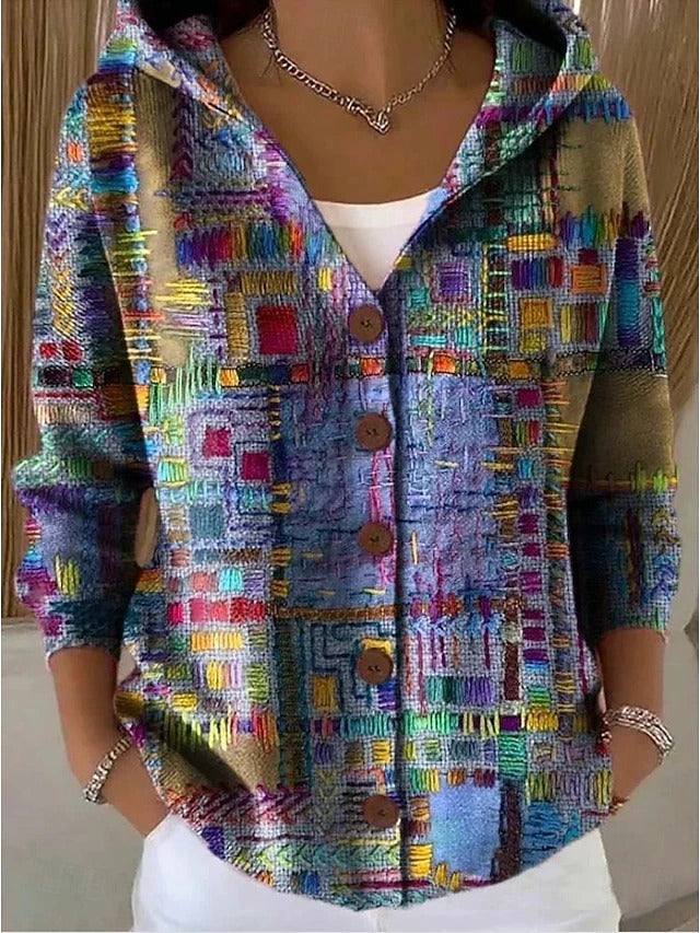 Women's hooded button cardigan shown in multicoloured patchwork and bee motif designs