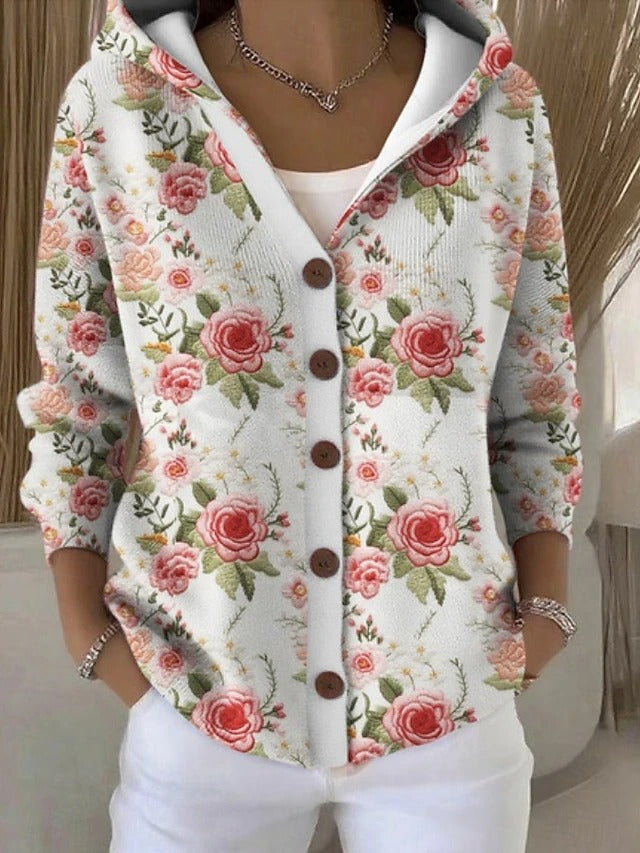 Women's hooded button cardigan shown in multicoloured patchwork and bee motif designs