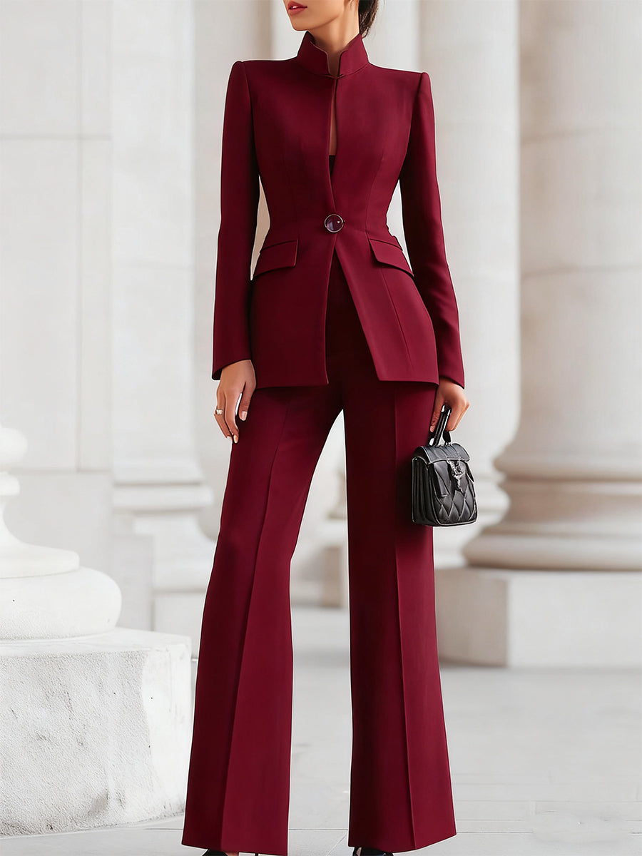 Women's structured two-piece suit with high-collar blazer and wide-leg trousers