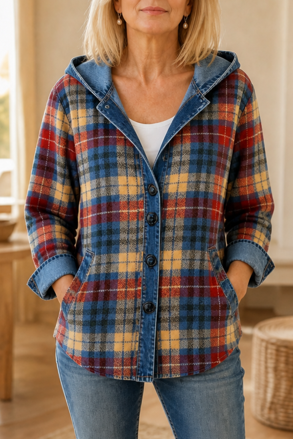 Women's hooded patchwork cardigan with button front and denim-look trim