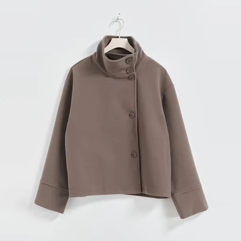 Women's stand collar pea coat with button front and side pockets