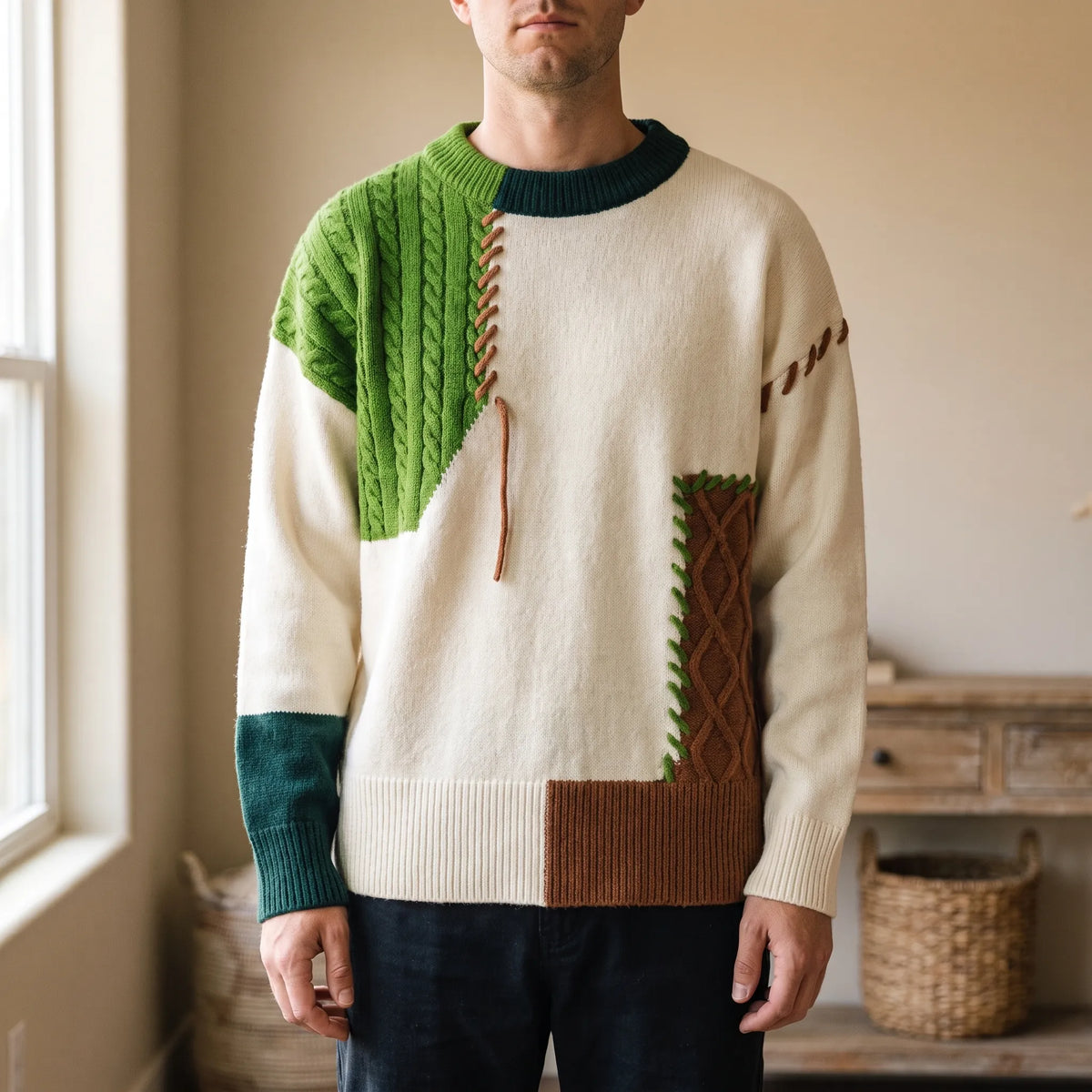 Men's patchwork cable knit jumper with contrasting panels and stitched details